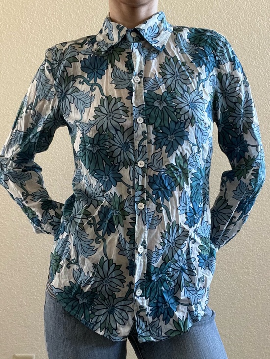 Vintage Tops - Vintage y2k Casual Blue Floral cotton Button-Up long sleeve Shirt blouse